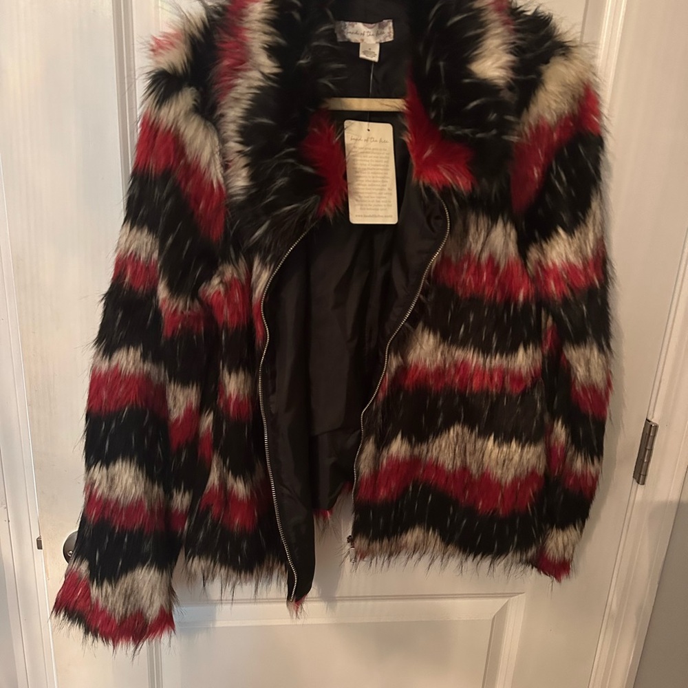 Faux Fur Striped Jacket in Red and Black